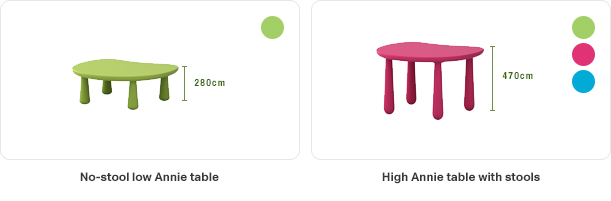 No-stool low Annie table /High Annie table with stools, 컬러종류는 그린, 핑크, 블루