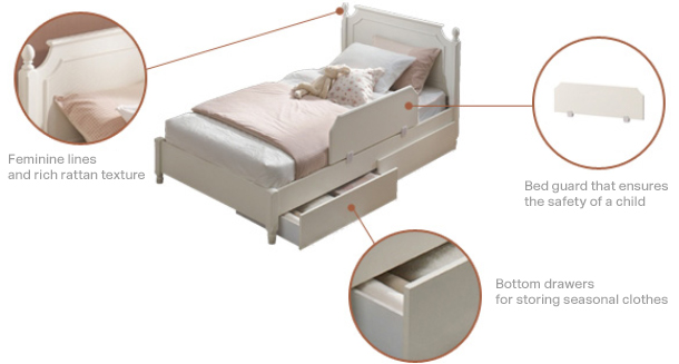 Feminine lines and rich rattan texture, Bed guard that ensures the safety of a child, Bottom drawers for storing seasonal clothes