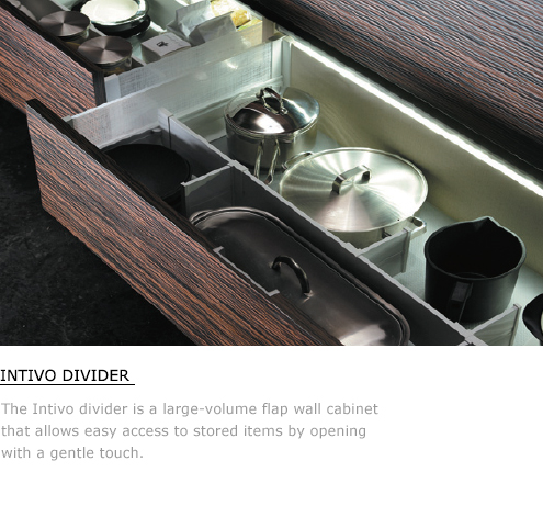 Intivo Divider - The Intivo divider is a large-volume flap wall cabinet that allows easy access to stored items by opening with a gentle touch.