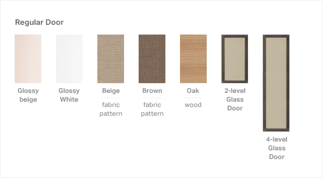 일반도어 - Glossy beige, Glossy white, Beige (fabric pattern), Brown (fabric pattern), Oak (wood), 2-level glass door, 4-level glass door